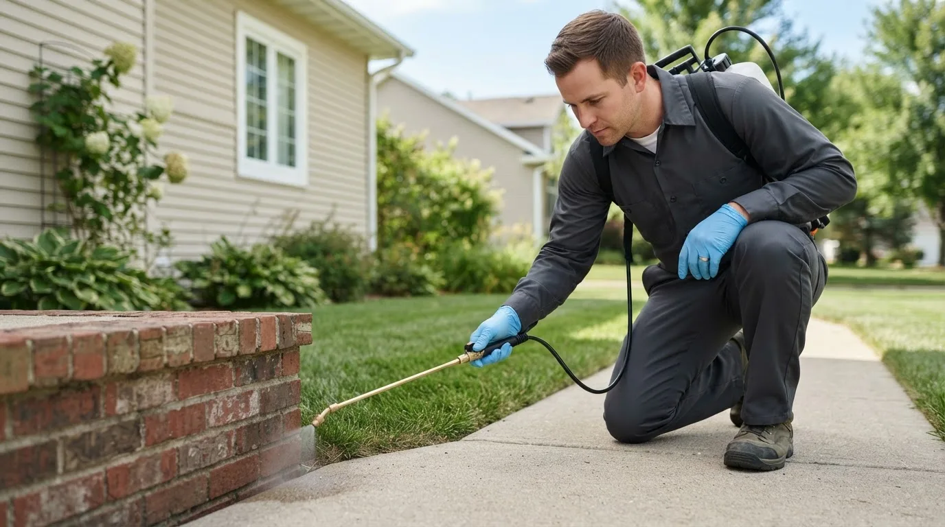 Pest control technician treating a home near Westport, MA